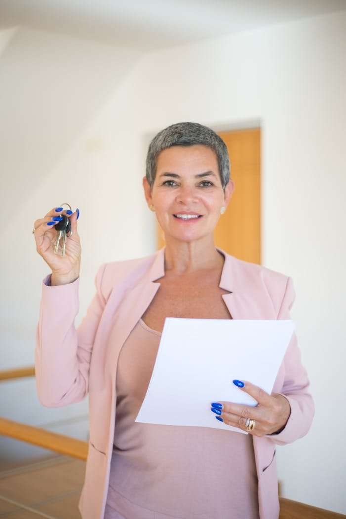 Smiling woman in a pink blazer holds keys and documents indoors, representing real estate success.